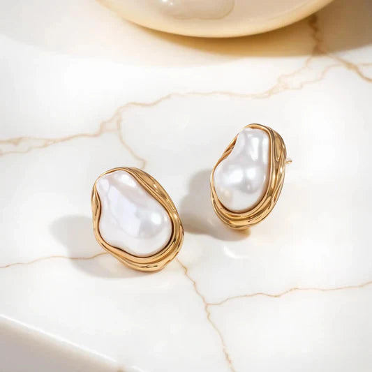 Baroque Pearl Stud Earrings with Gold-Toned